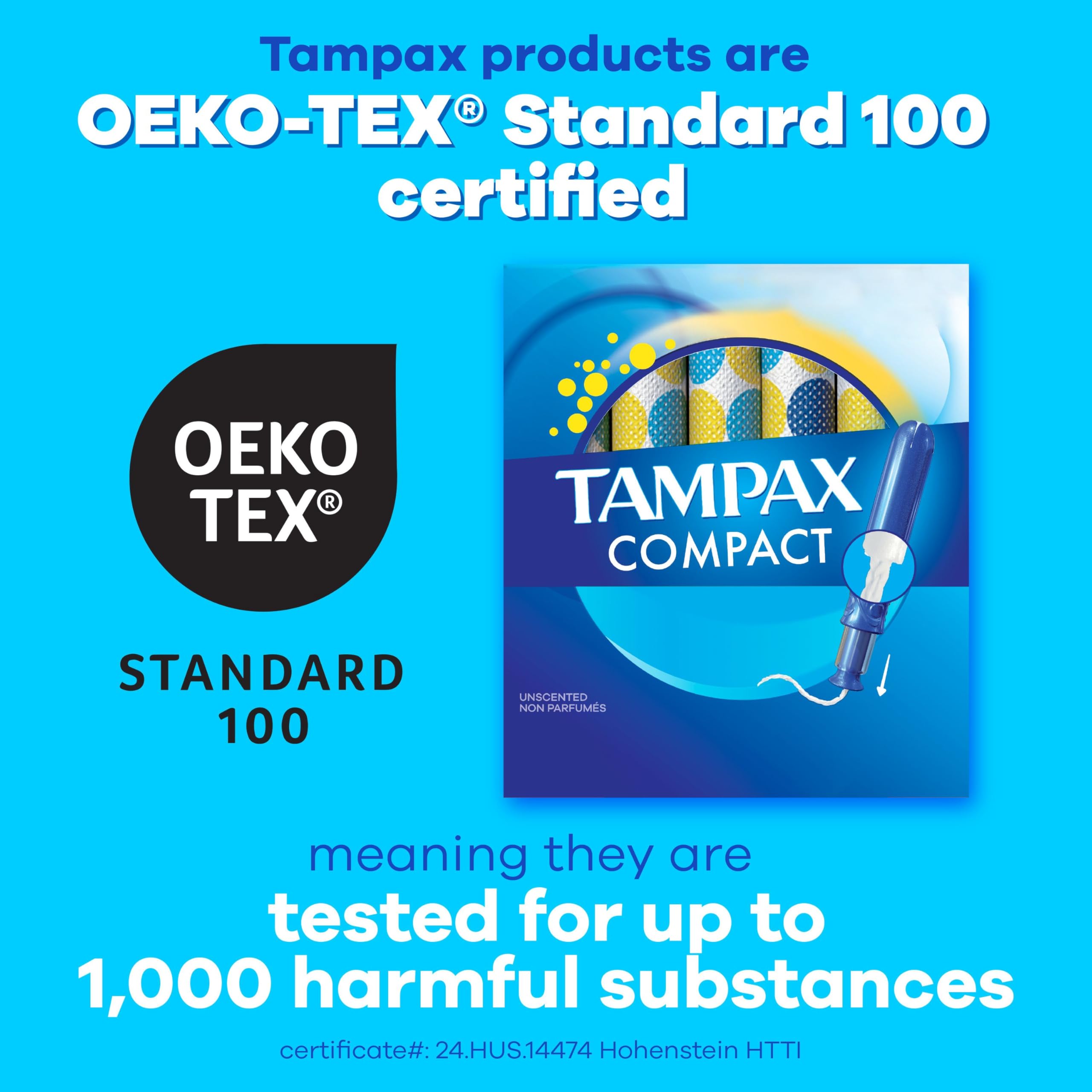 OEKO TEX Standard 100 certification label on Tampax Compact Pearl.