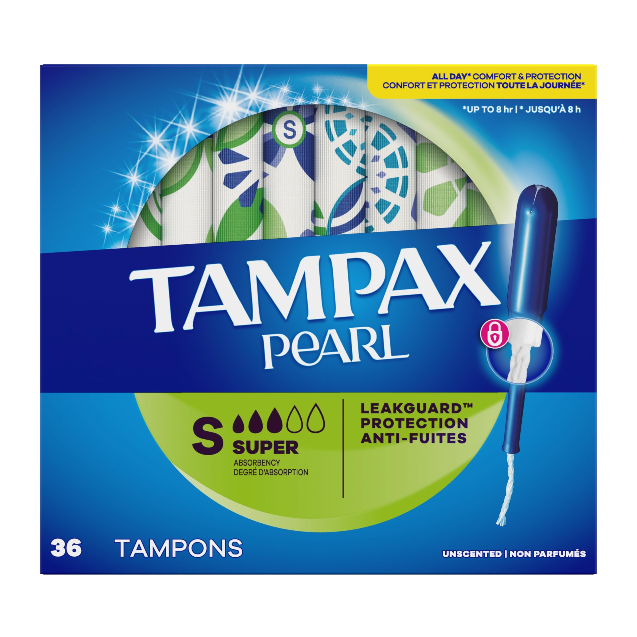 Tampax Pearl 36-count packaging for convenient at-home stocking.