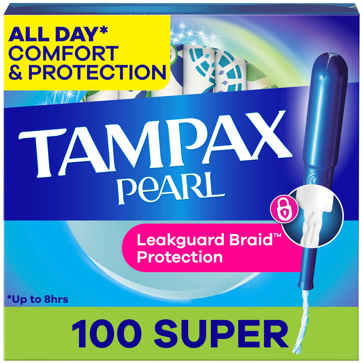 Tampax Pearl LeakGuard braid demonstrates proactive leak protection.