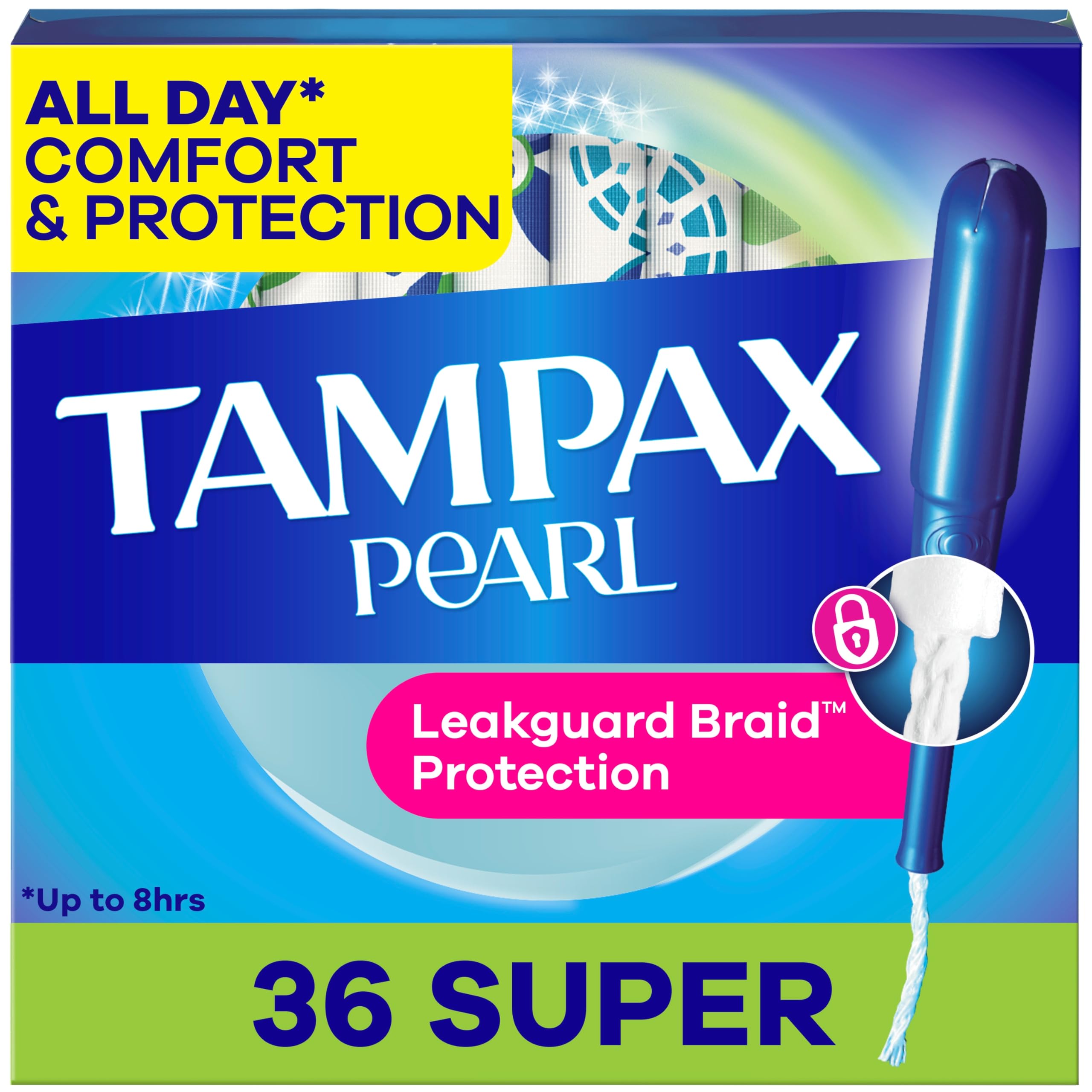 Tampax Pearl with LeakGuard Braid safeguards against leaks throughout the day.