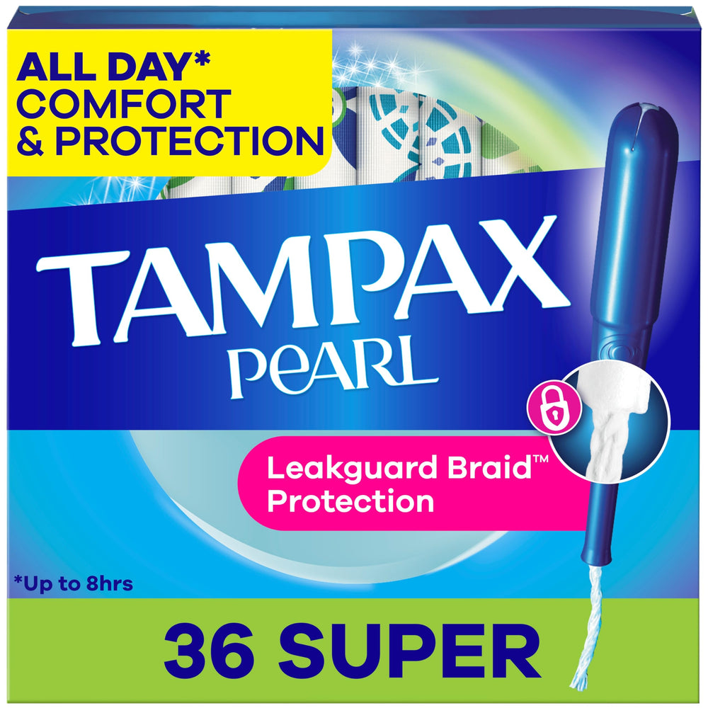 Tampax Pearl with LeakGuard Braid safeguards against leaks throughout the day.