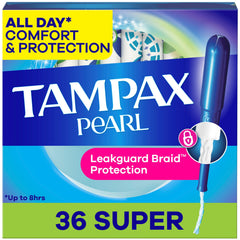 Tampax Pearl with LeakGuard Braid safeguards against leaks throughout the day.