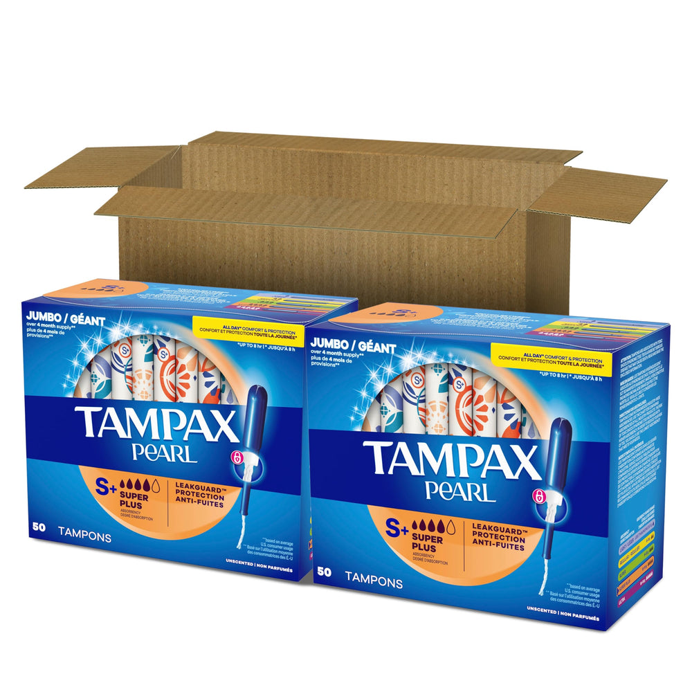 Two-pack Tampax Pearl packaging for convenient stocking
