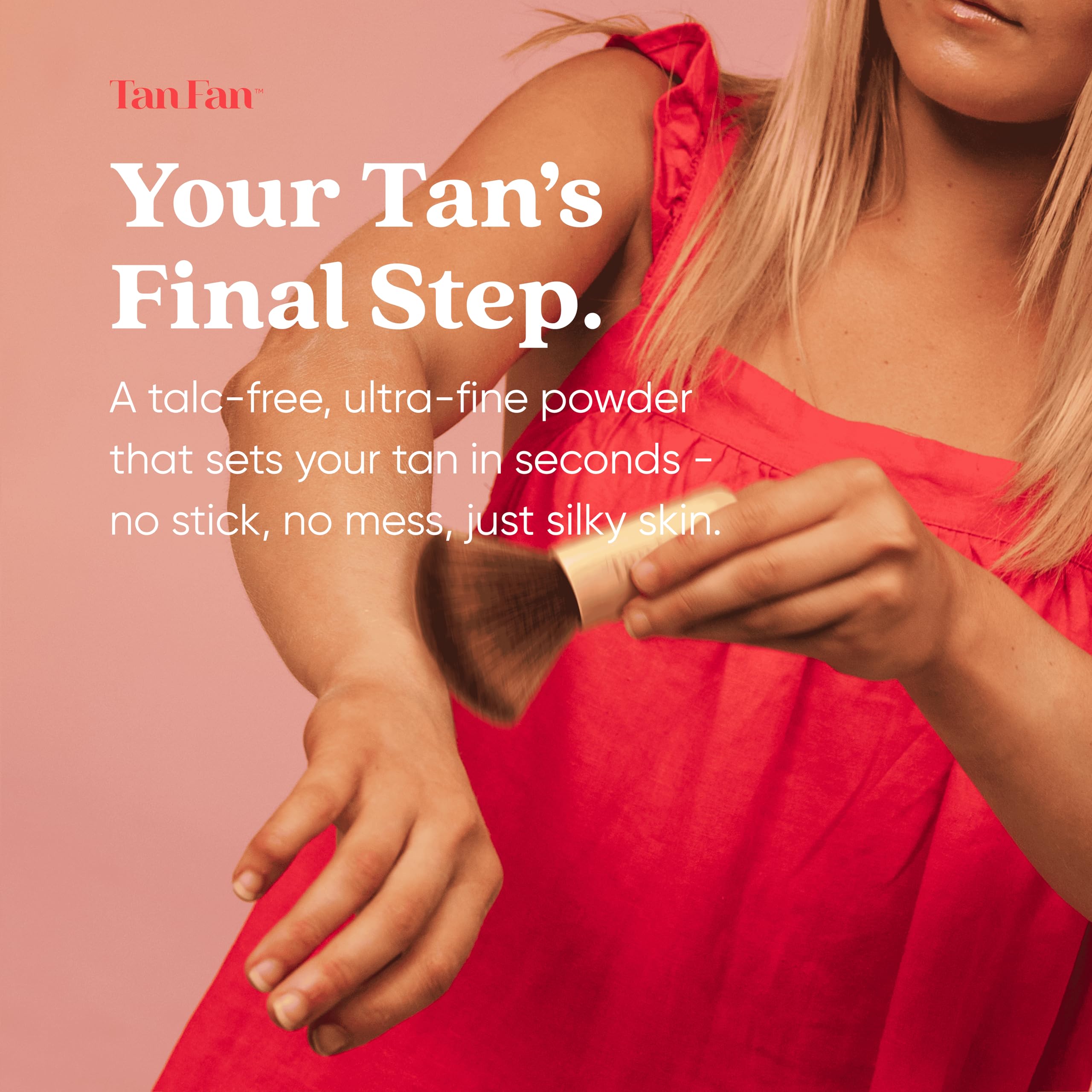 Tan Fan drying powder bottle with coconut scent speeds dry time and sets tan.