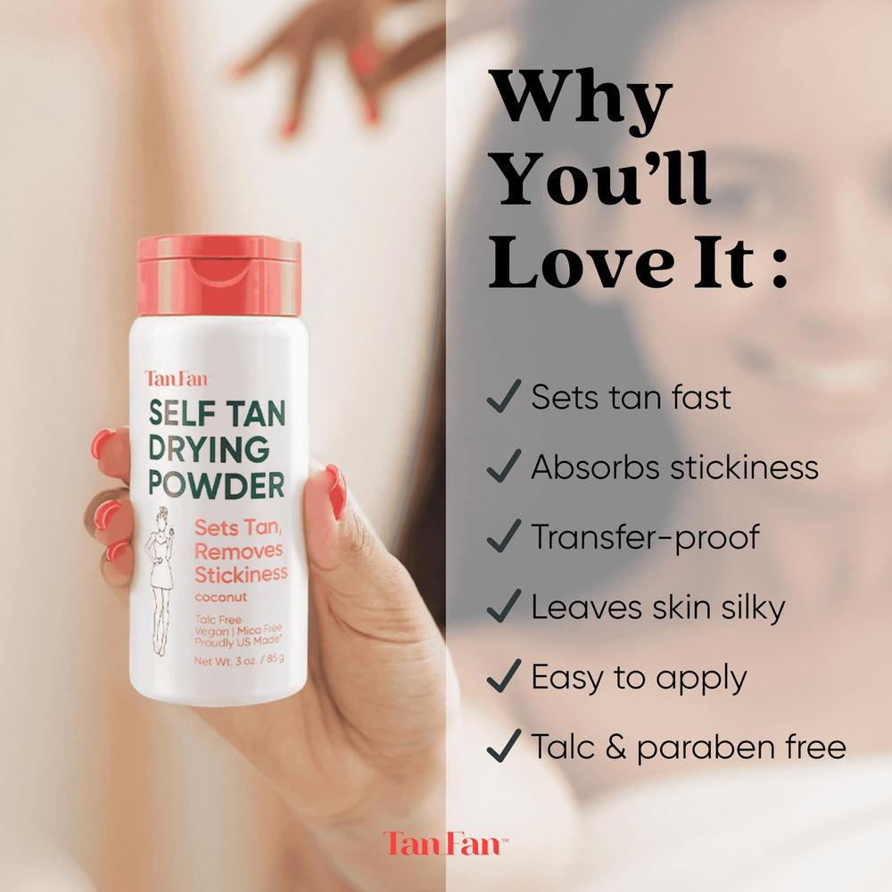 Tan Fan talc-free vegan formula promotes a safe post-tan finish.