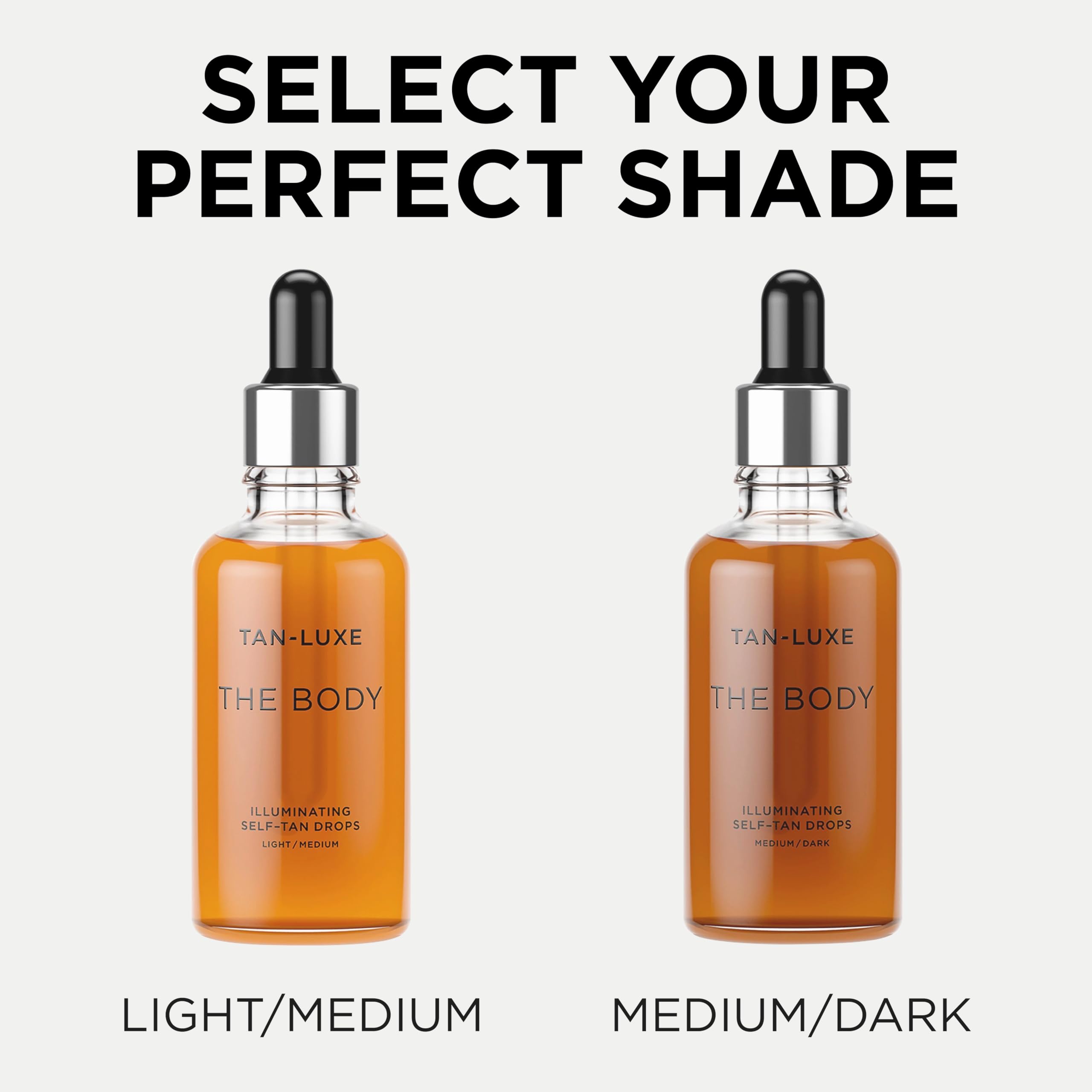 Tan-Luxe Body Drops shade guide for Medium/Dark tones on skin