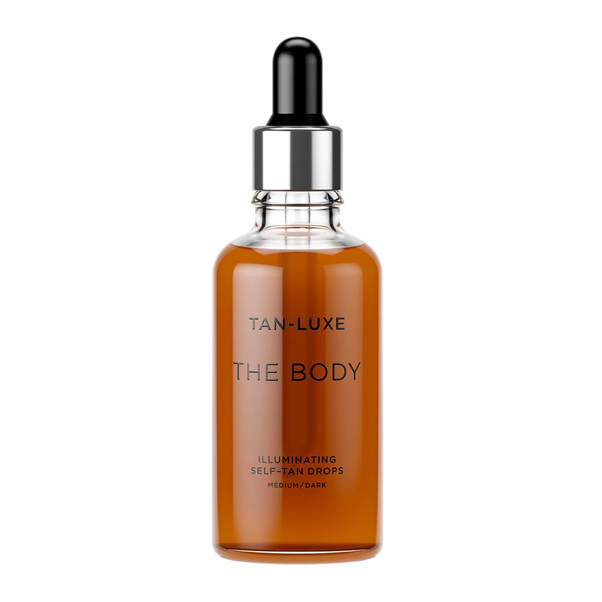 Tan-Luxe The Body illuminating drops bottle highlights hydrating formula for a natural glow.