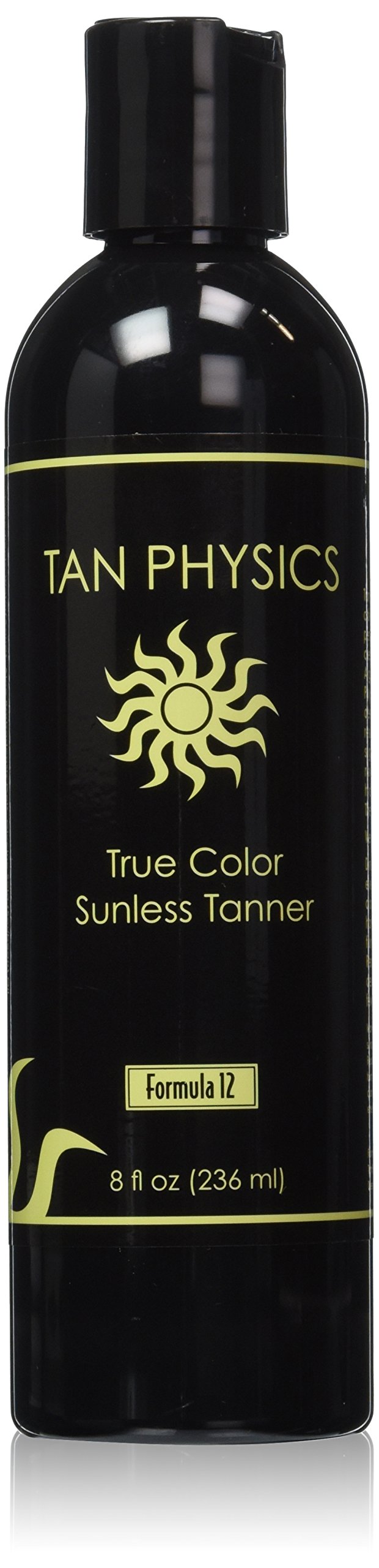 Tan Physics True Color Sunless Tanner bottle, showing natural color guidance for smooth, streak-free, even application.