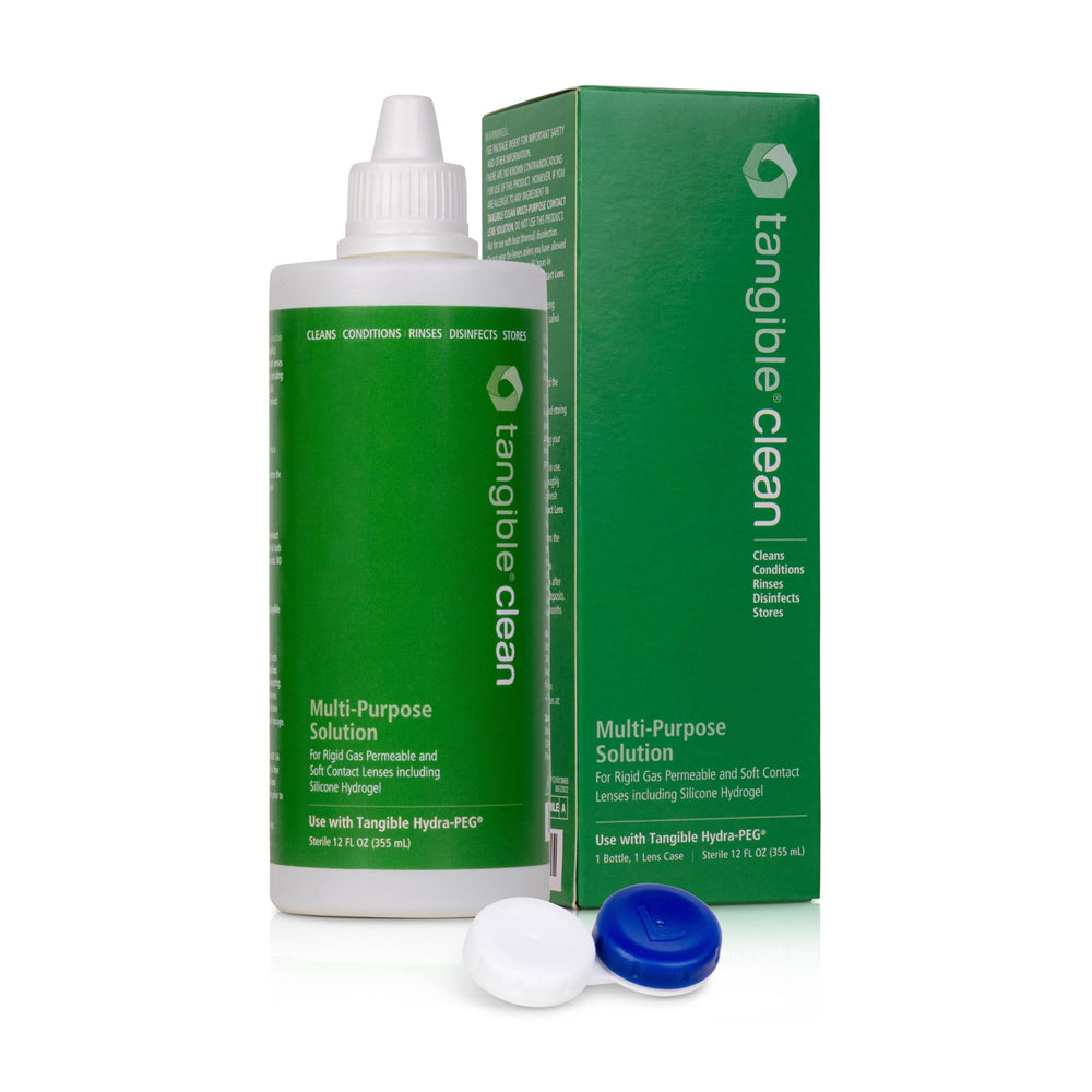 Tangible Clean bottle front view for multipurpose lens care benefits