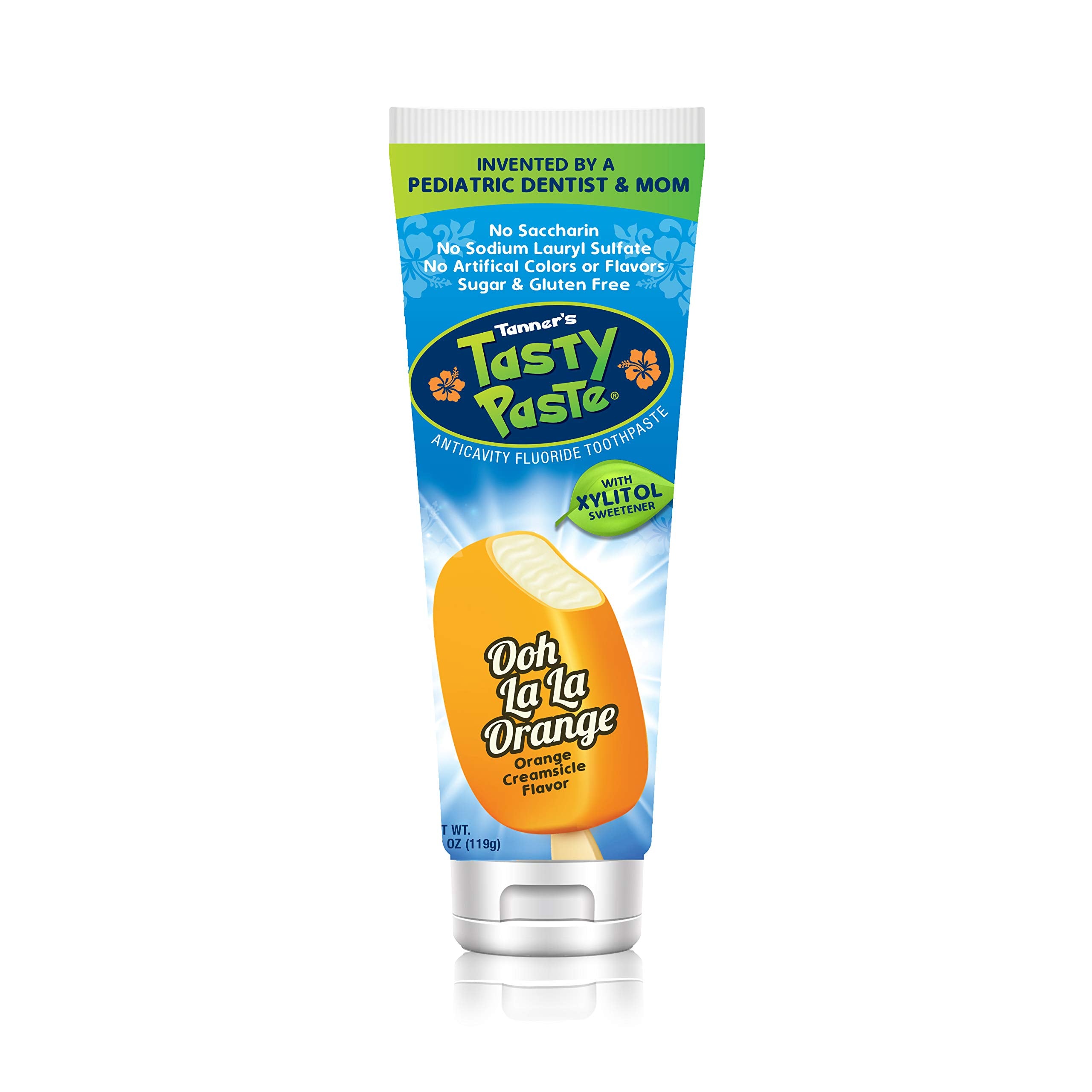 Tanner's Tasty Paste Ooh La La Orange bottle, kid-friendly fluoride toothpaste for daily brushing.
