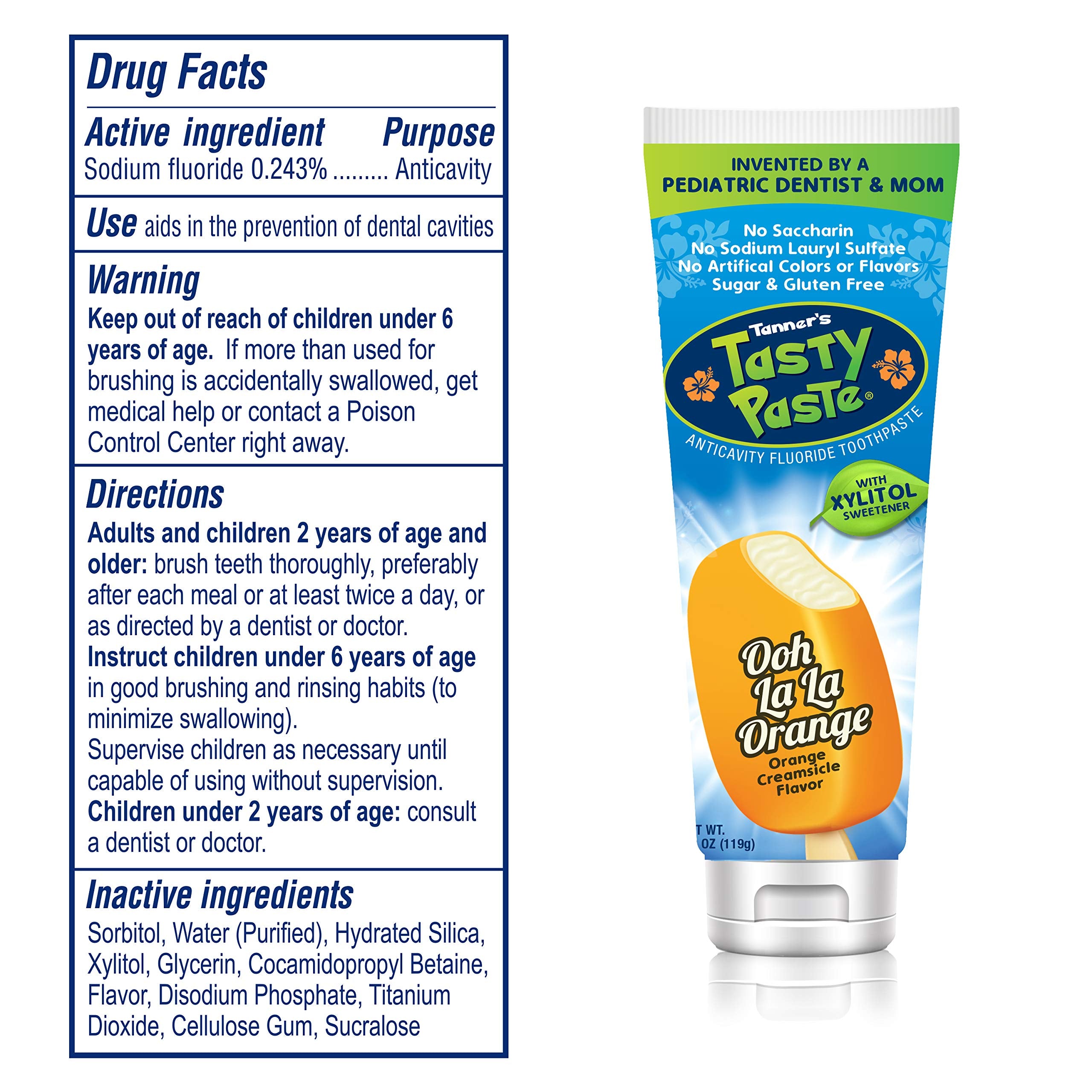 Orange-flavored toothpaste tube with mild taste for children's daily brushing.