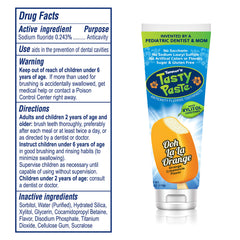 Orange-flavored toothpaste tube with mild taste for children's daily brushing.