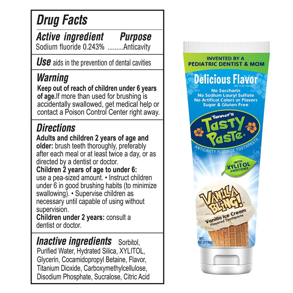 Tanner's Tasty Paste Vanilla Bling kids brushing image showing vanilla flavor appeal.