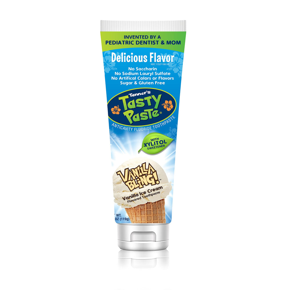 Tanner's Tasty Paste Vanilla Bling toothpaste cap keeps mess minimal during kid brushing.