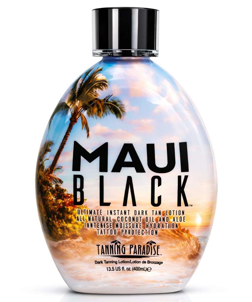 Tanning Paradise Maui Black bottle demonstrates instant dark tan for a beach-ready glow.