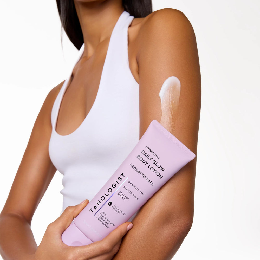 Display-ready Tanologist packaging on a store shelf suggests premium self-tanning.