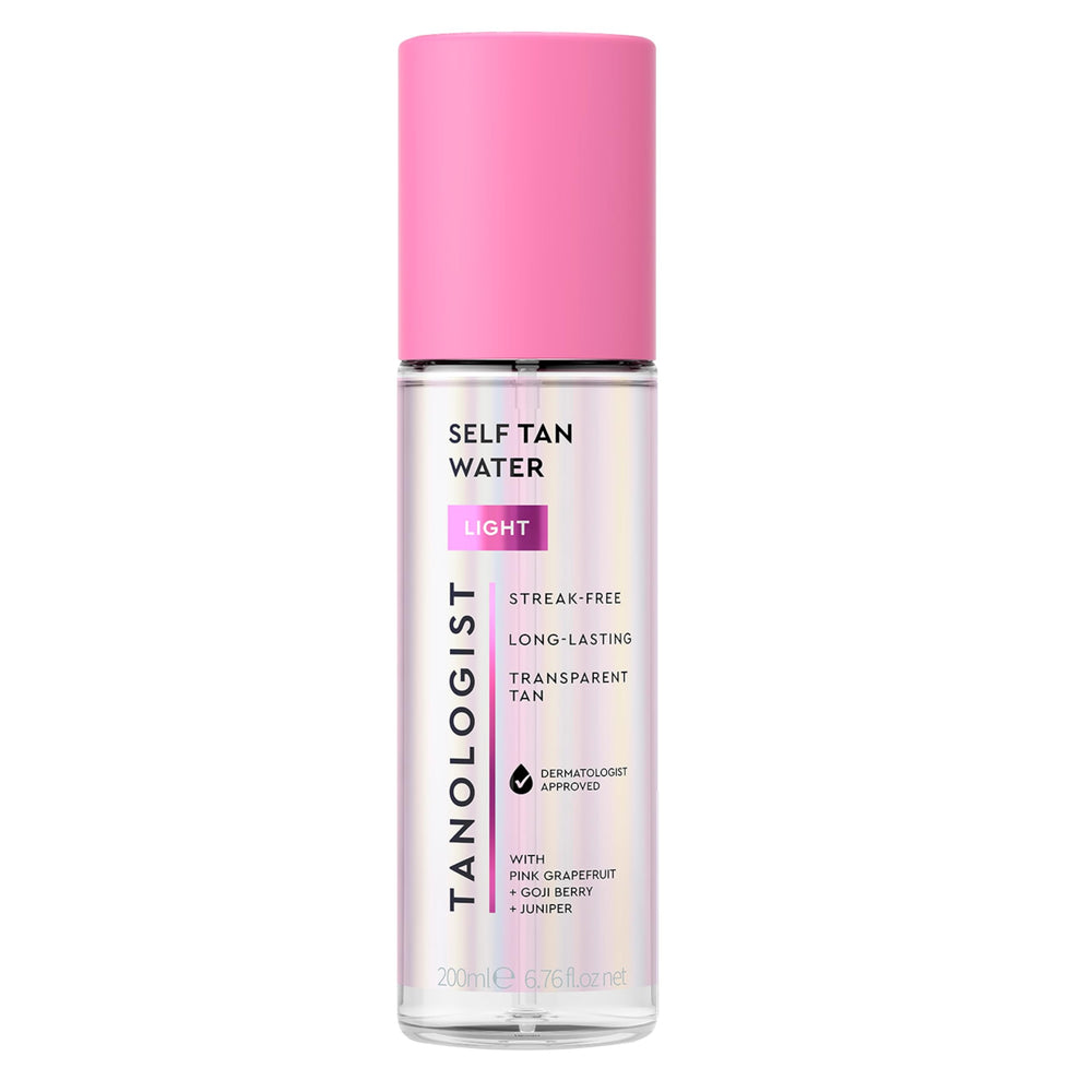 Tanologist Light Self Tan Water bottle showing clear spray for streak-free glow