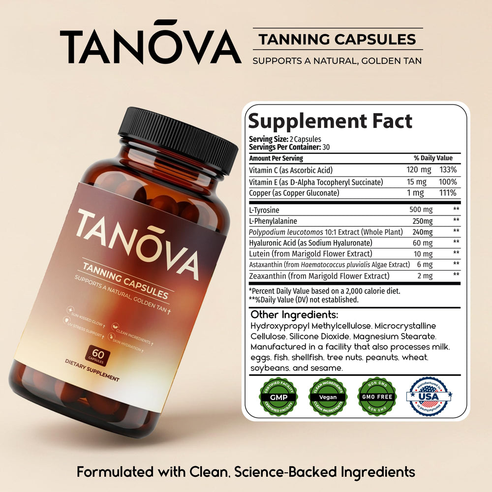 Tanova copper gluconate image underscores mineral support for toned skin.