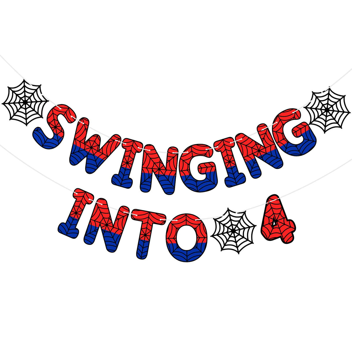 Taobary Spider Theme 4th Birthday Banner acts as a colorful backdrop for a kid's party