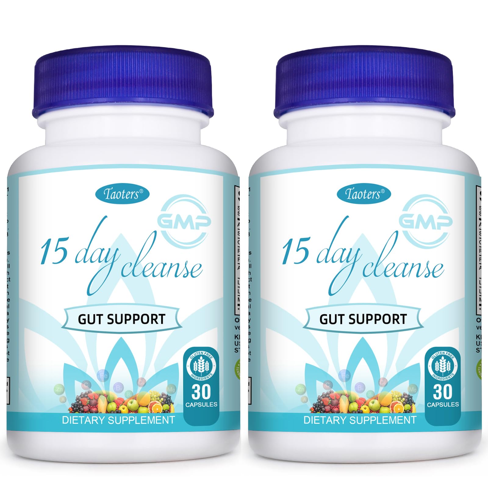 TAOTERS 15 Day Cleanse bottle showing gut support and packaging