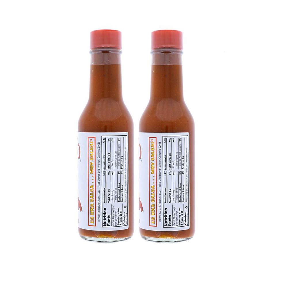 Tapatio hot sauce label close-up shows iconic salsa picante branding and spicy versatility.