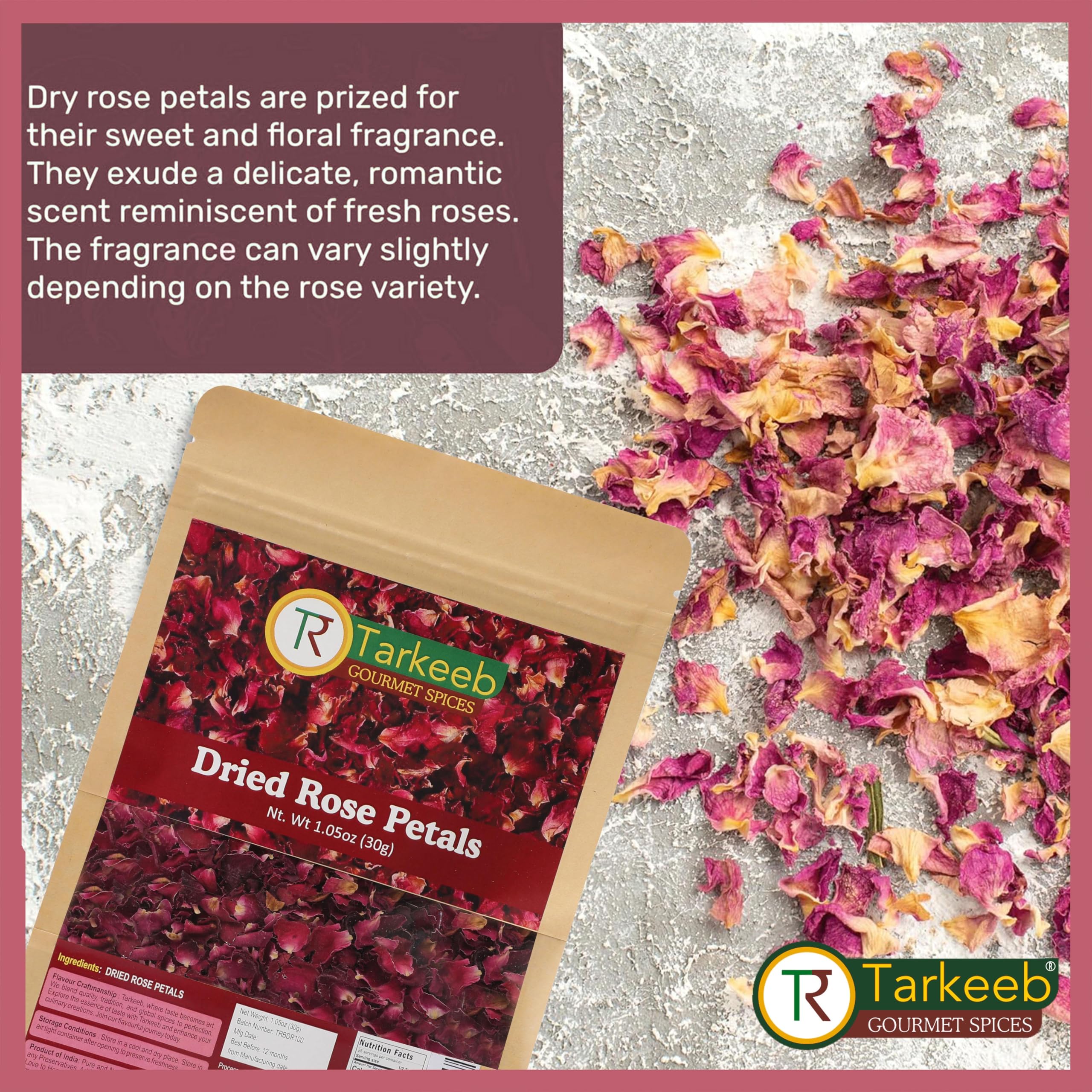 Tarkeeb natural, preservative-free rose petals for pure aroma.