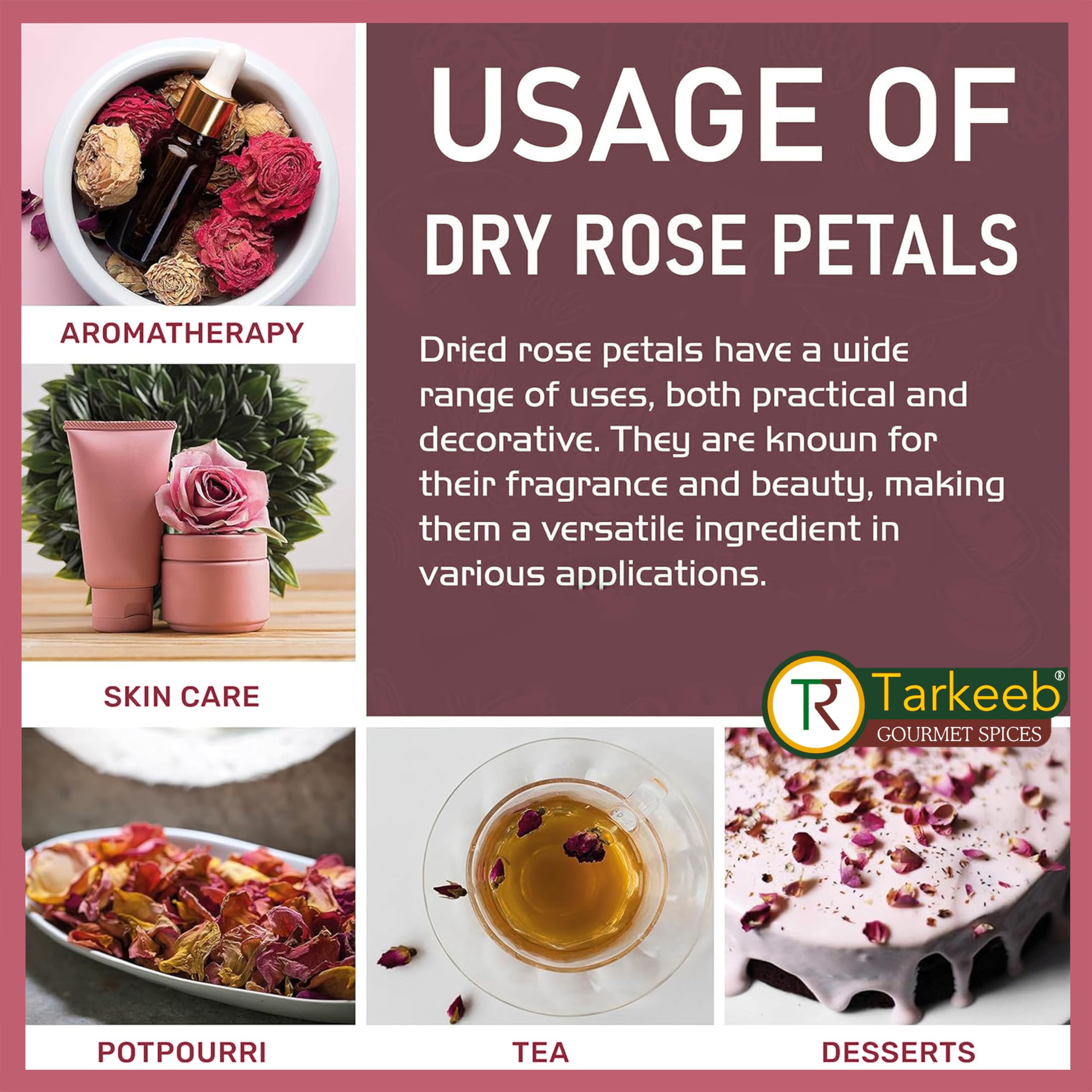 Tarkeeb rose petals topping on cupcakes and pastries.