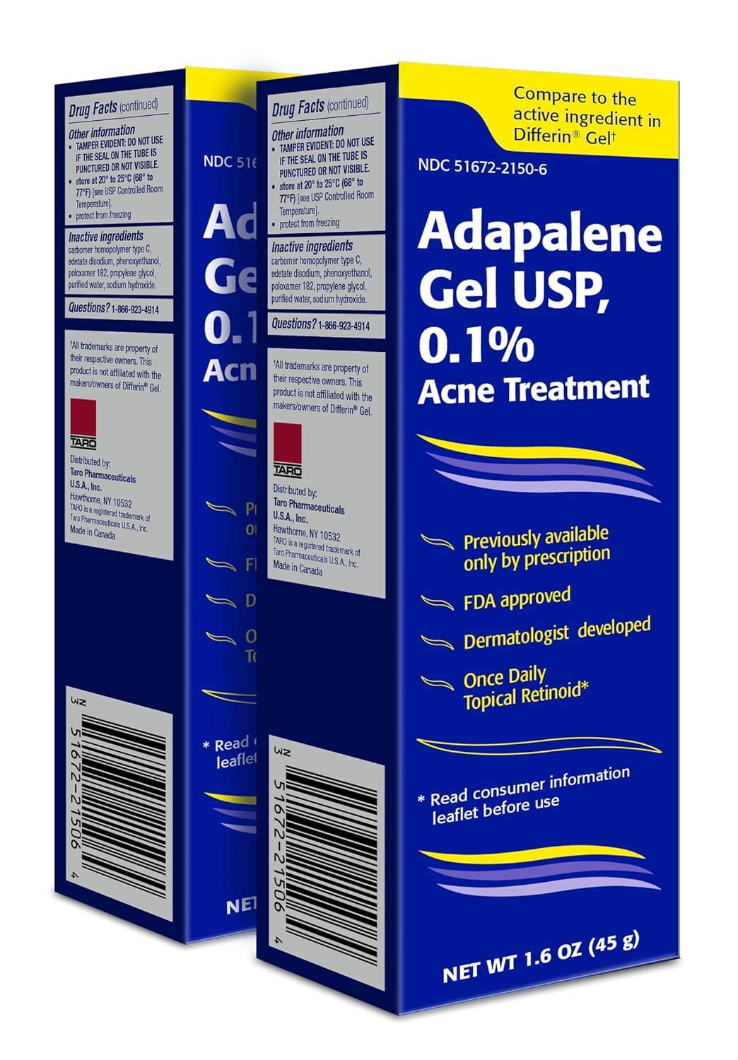 TARO Adapalene zero-point-one-percent gel bottle for nightly acne management