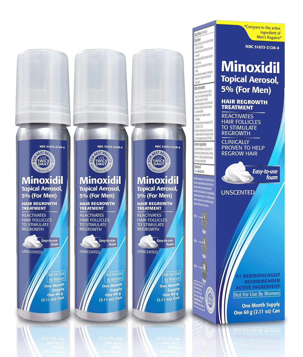 TARO Minoxidil 5% foam bottle for daily scalp hair regrowth support.