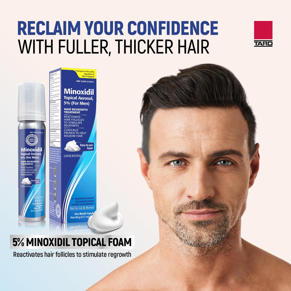 TARO Minoxidil foam packaging box highlights a 3-pack option for value.