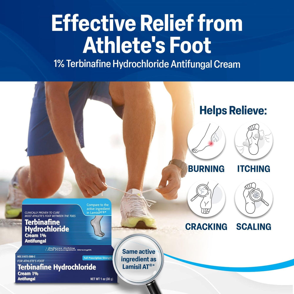 TARO Terbinafine cream being applied to the foot to soothe itching.
