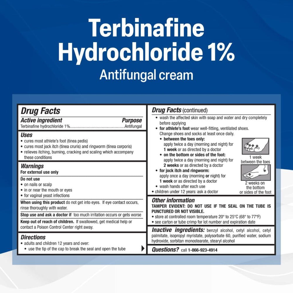 TARO Terbinafine cream on a bathroom counter with socks in background.