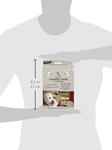 Small dog chewing a Tartar Shield chew to support oral health.