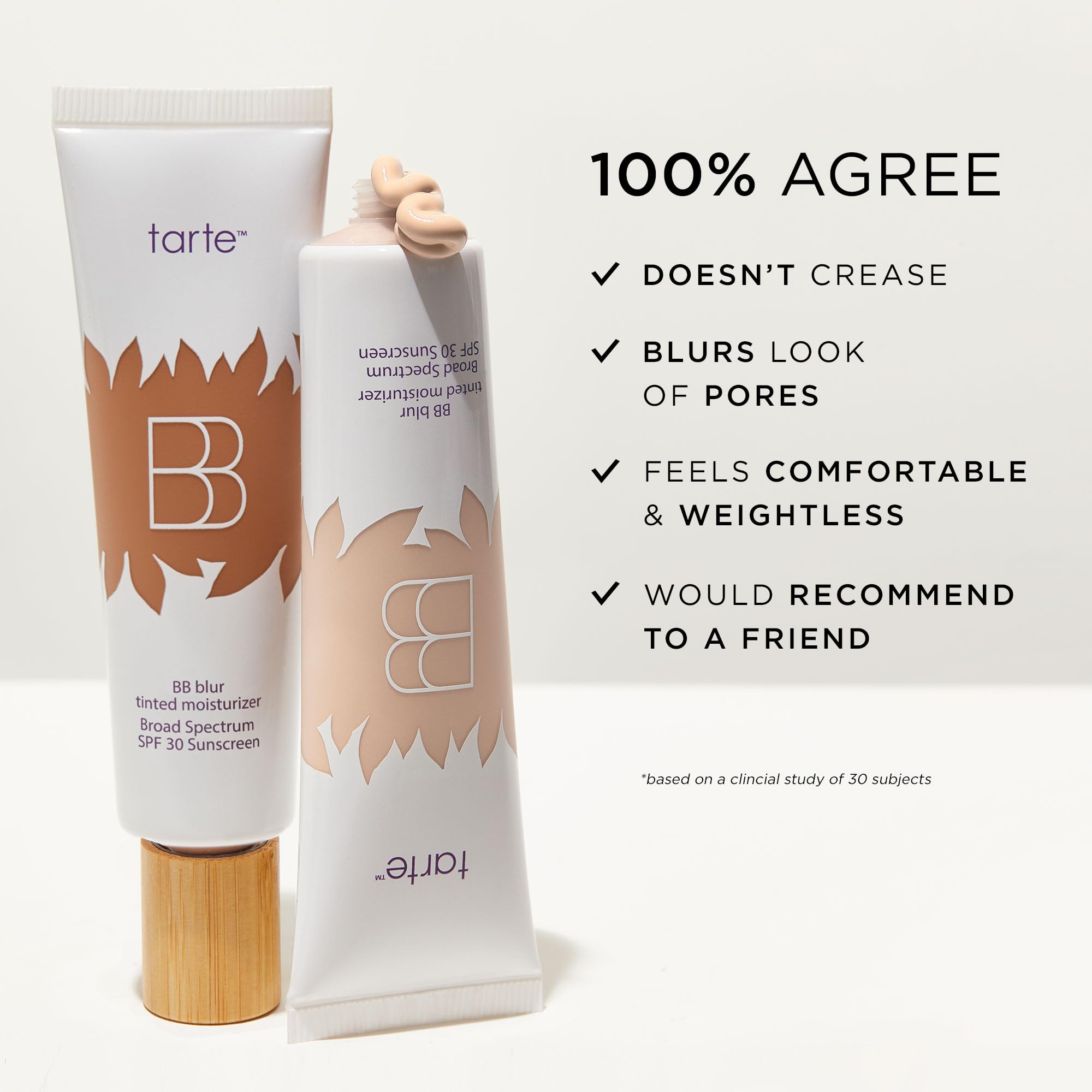 tarte BB blur texture closeup shows creamy formula and smooth, even skin.