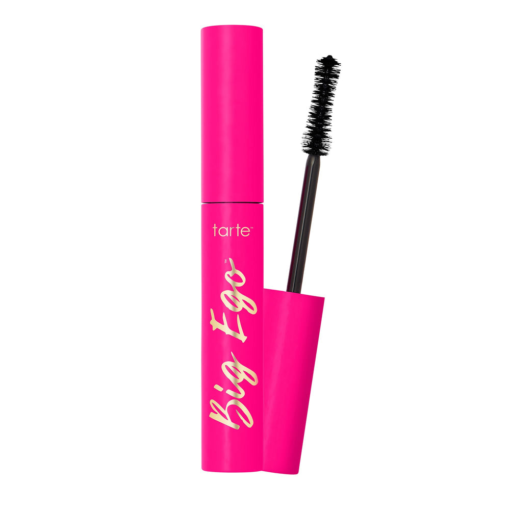 Tarte Big Ego Mascara bottle close-up shows ultra-black color and long wear