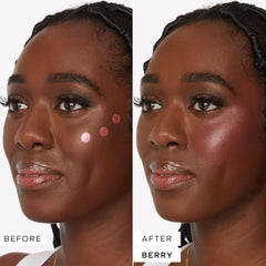 tarte blush tape berry swatch on cheek shows buildable color and dewy glow.