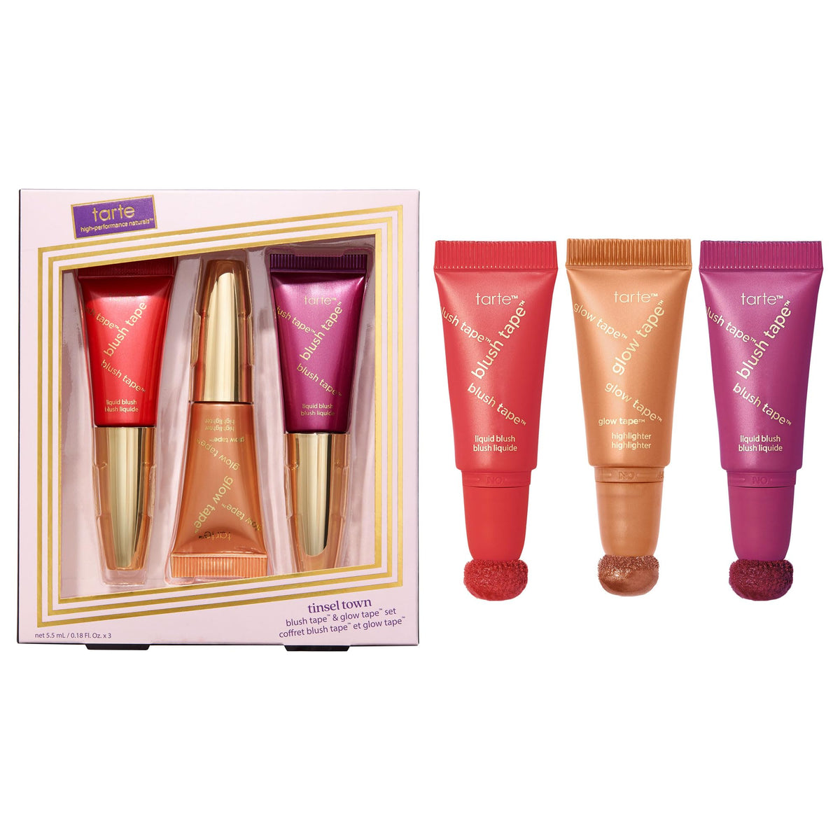 Tarte blush tape trio compact close-up reveals buildable berry color on the cheeks.