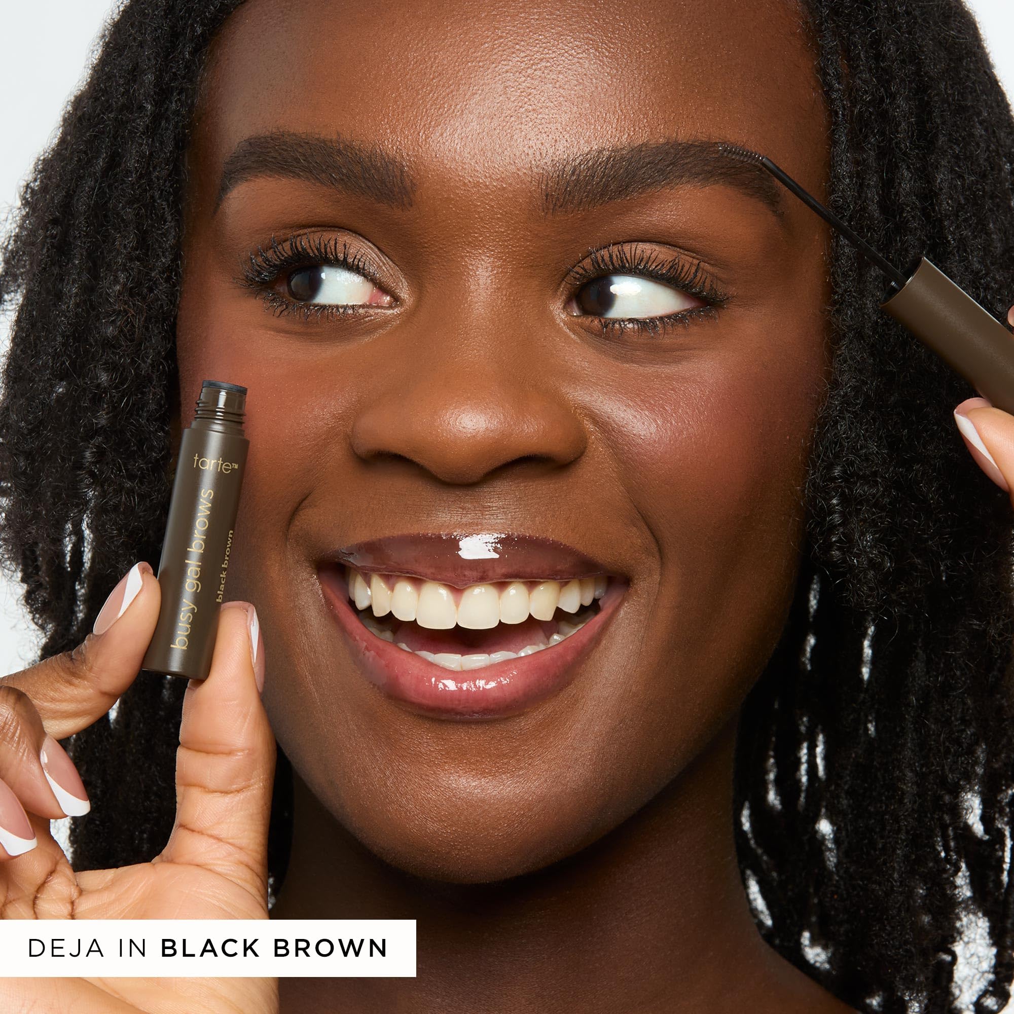 tarte Busy Gal brow gel close-up highlighting 12-hour waterproof wear.