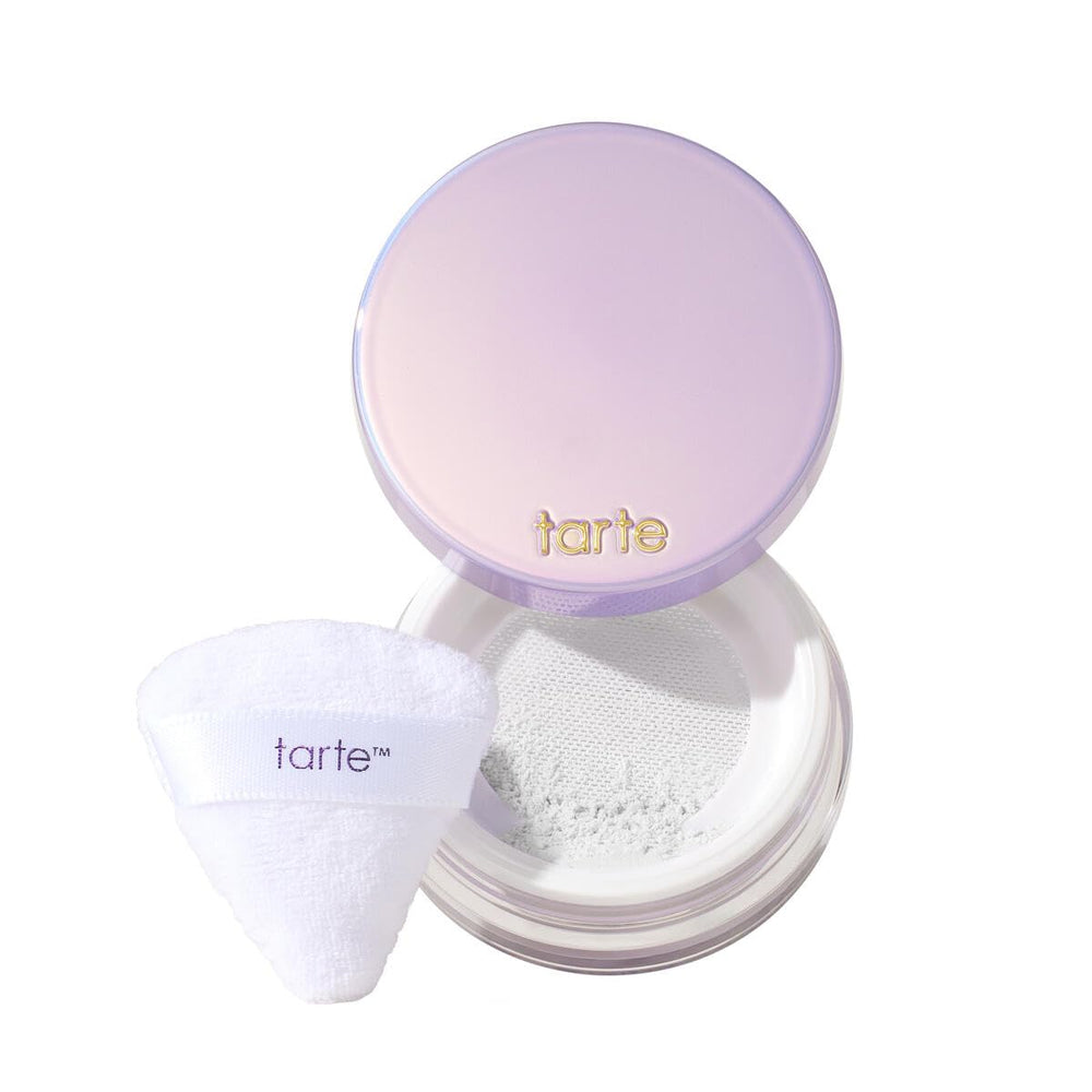 tarte creaseless powder bottle close-up showing oil absorption and natural finish for all-day wear