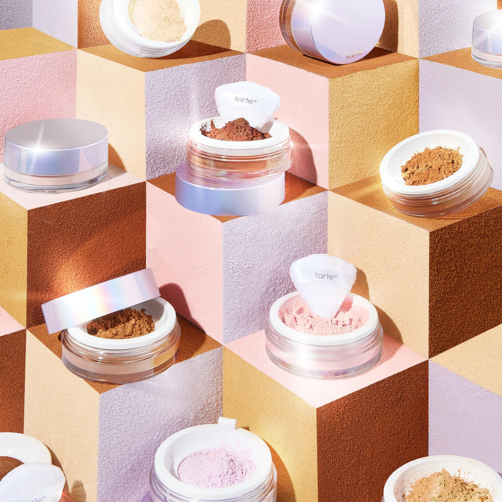 tarte creaseless setting powder packaging highlights vegan and cruelty-free badge.