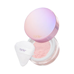 tarte creaseless setting powder pink jar shows lightweight formula for all-day wear.