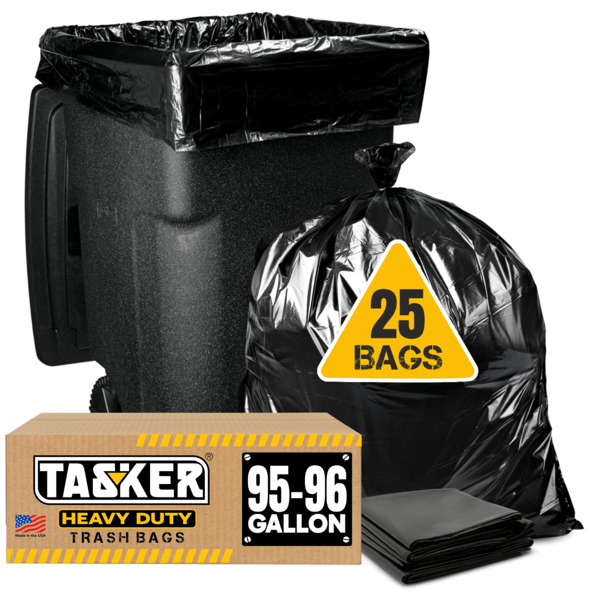 Tasker 95-96 gallon trash bags in packaging, designed for heavy-duty use.
