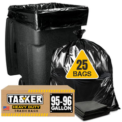 Tasker 95-96 gallon trash bags in packaging, designed for heavy-duty use.