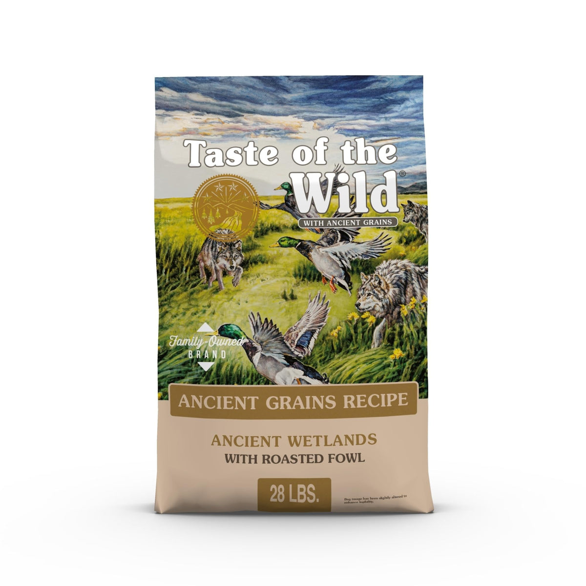Taste of the Wild Ancient Wetlands roasted duck kibble for lean muscles and digestion.