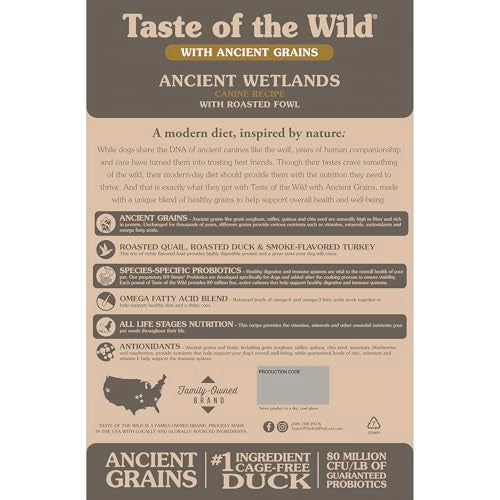 Taste of the Wild Ancient Wetlands roasted quail kibble for premium protein and energy.