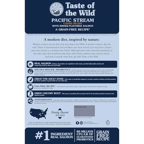 Taste of the Wild Pacific Stream real fish first ingredient supports lean muscles.