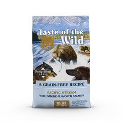 Taste of the Wild Pacific Stream dry dog food bag with smoke-salmon for rich energy.