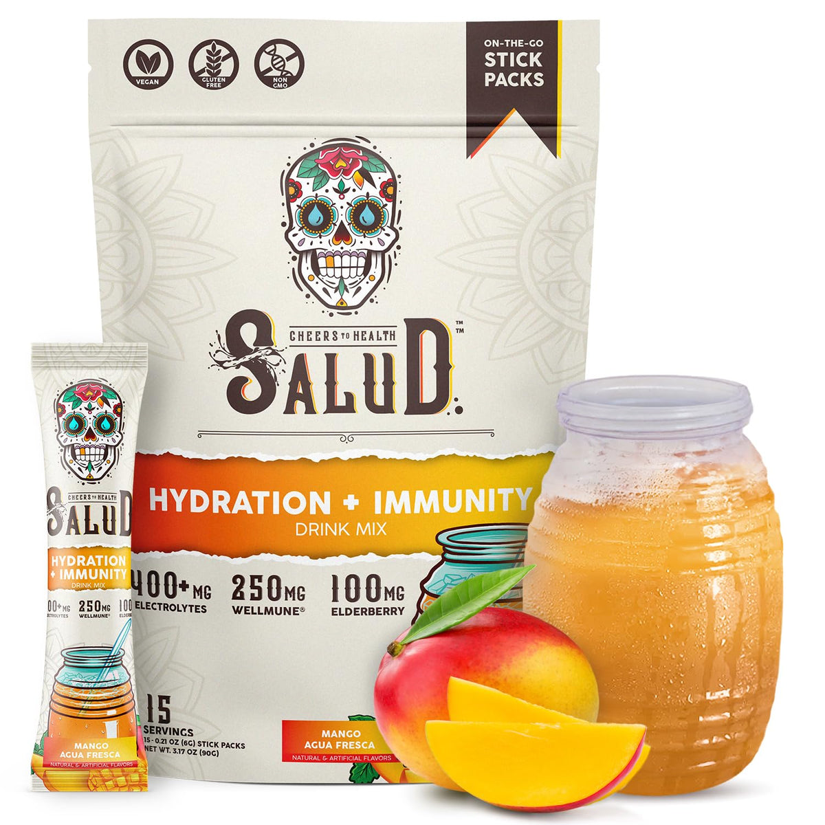Taste Salud mango hydration packets on the go for balanced electrolytes.