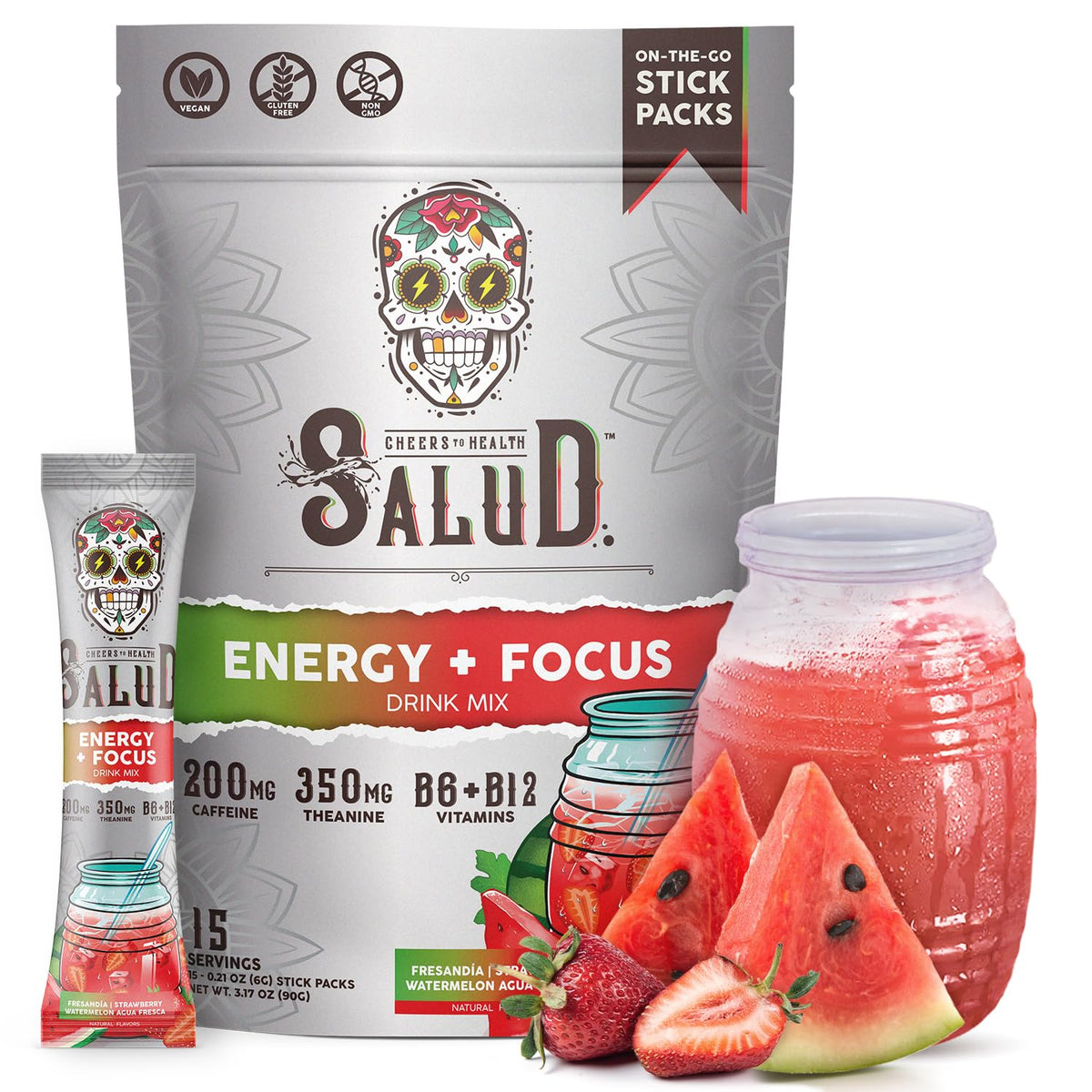 Taste Salud 2-in-1 energy powder dissolving in water for a strawberry watermelon refreshment.