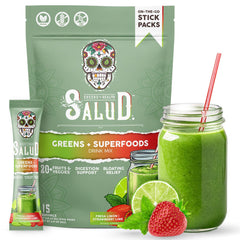 Taste Salud 2in1 Greens stick pack for on-the-go daily greens and digestion support.
